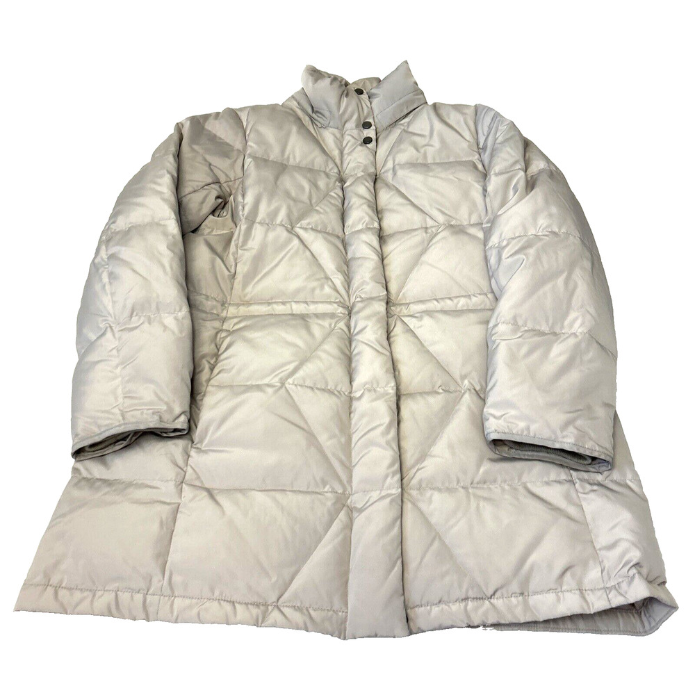 Lands' End Women's Down Puffer Long Coat Size L Beige Pockets *Missing Hood*